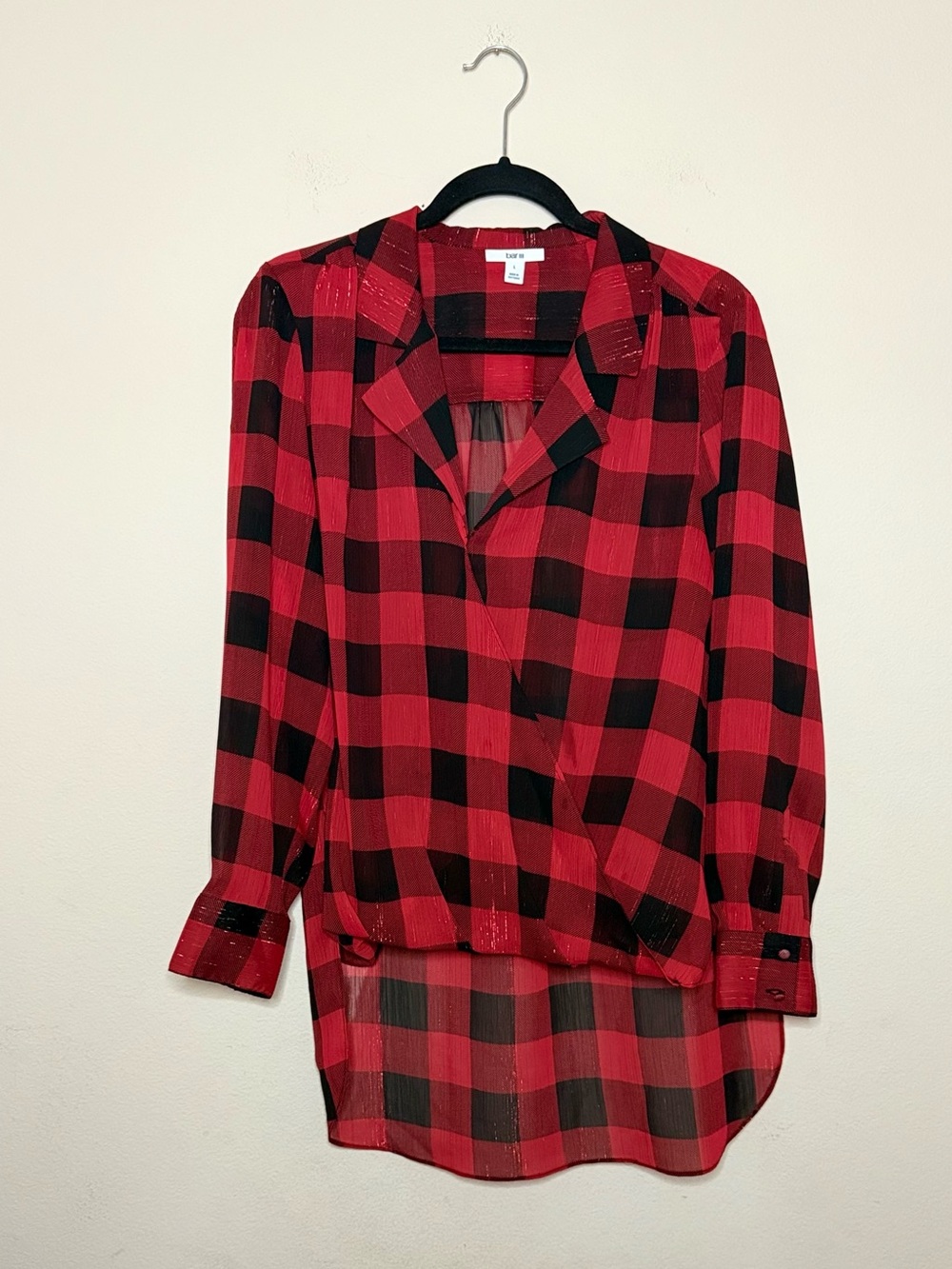 Bar III Plaid Sheer Metallic Glitter Red & Black Hi/Low Blouse